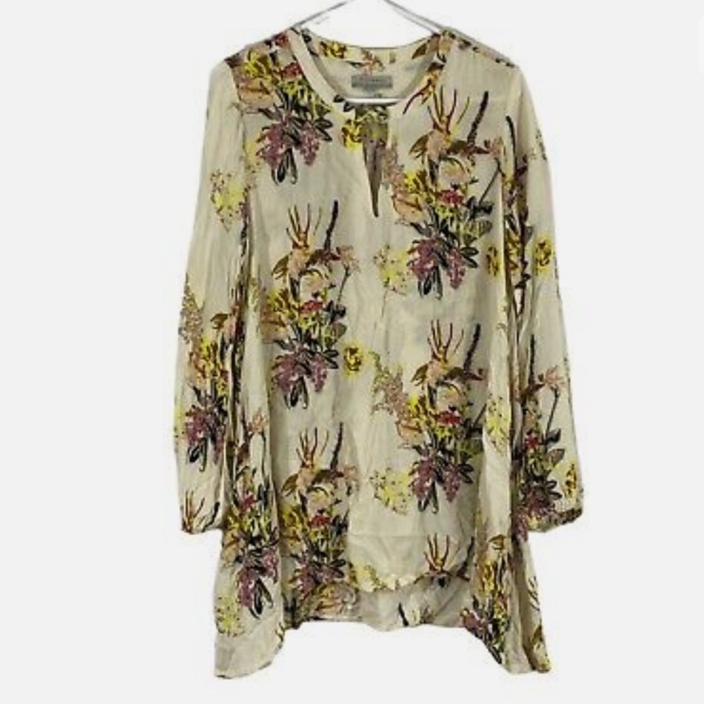 World Market Womens White Floral Keyhole Round Neck Pullover Tunic Top Size L/XL